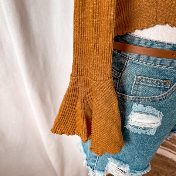 Mustard Off Shoulder Belle Sleeve Crop Top - Picture 3 of 3